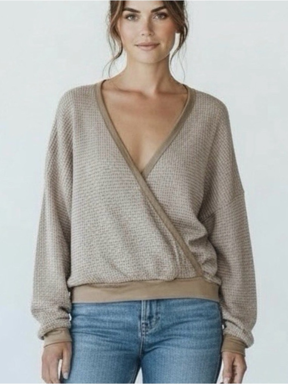 Ninexis deep v-neck western grandpa wrap waffle knit sweater